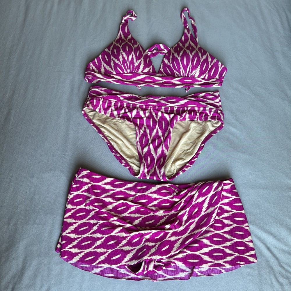 Robin Piccone Fuchsia and Cream Bikini Top, Bikini Bottom, Bikini Skirt 3 Piece
